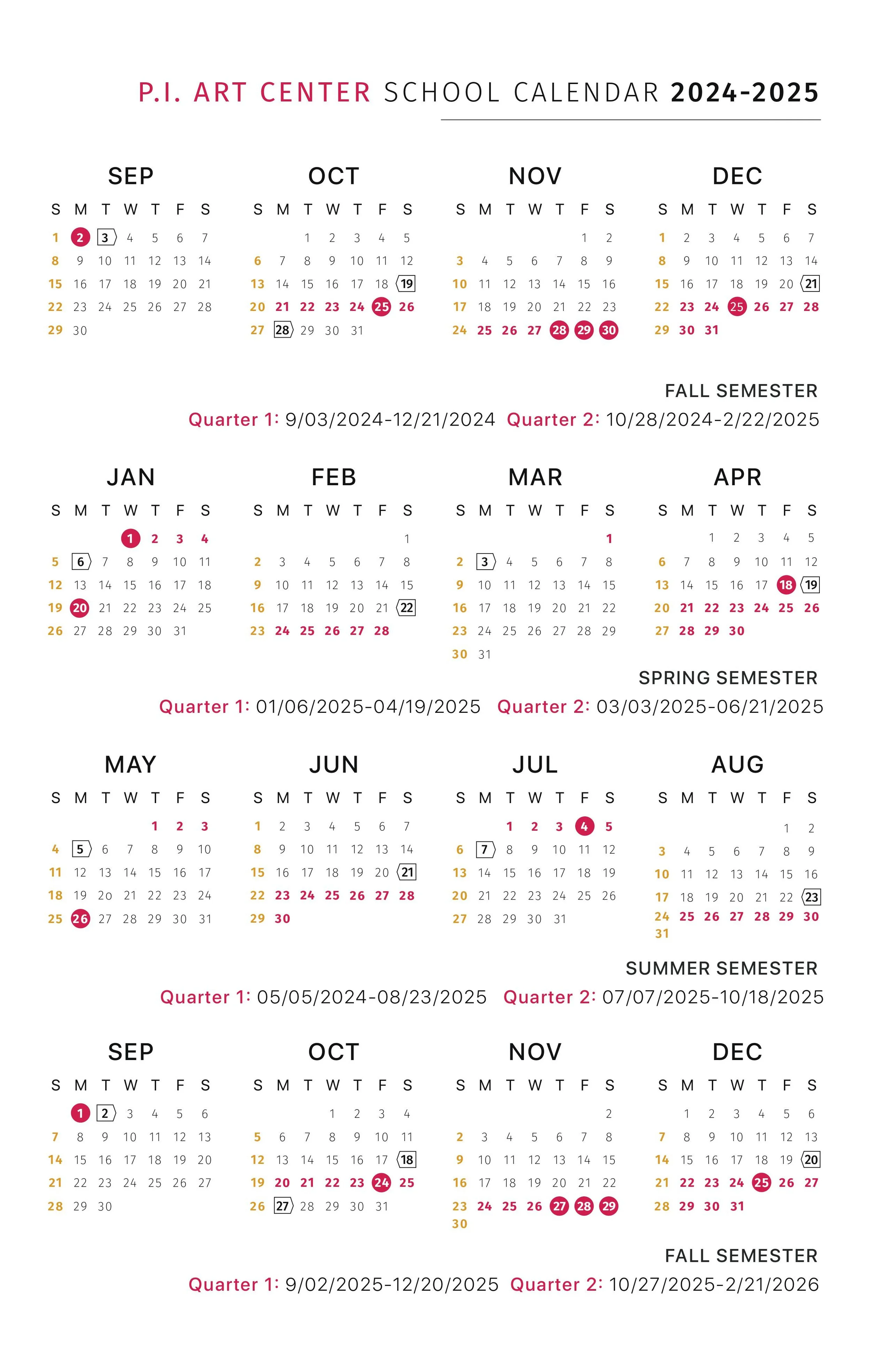 カレンダー — PI Art Center アート留学＆海外美大進学予備校